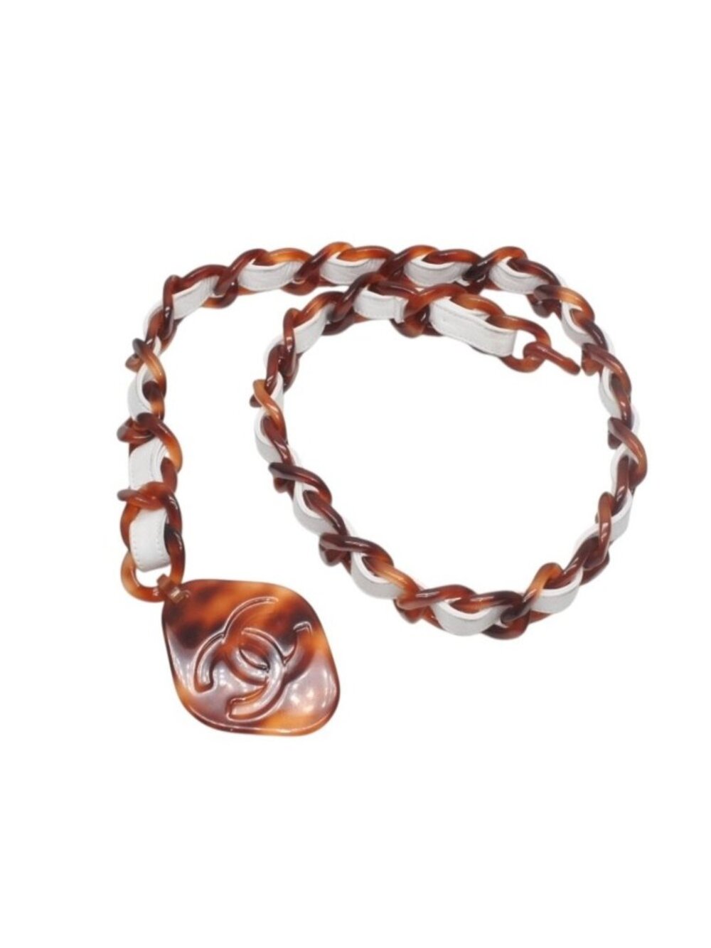 Chanel Plastic Leather Chain Belt 84.5 CC Logo Tortoiseshell Pattern White Brown